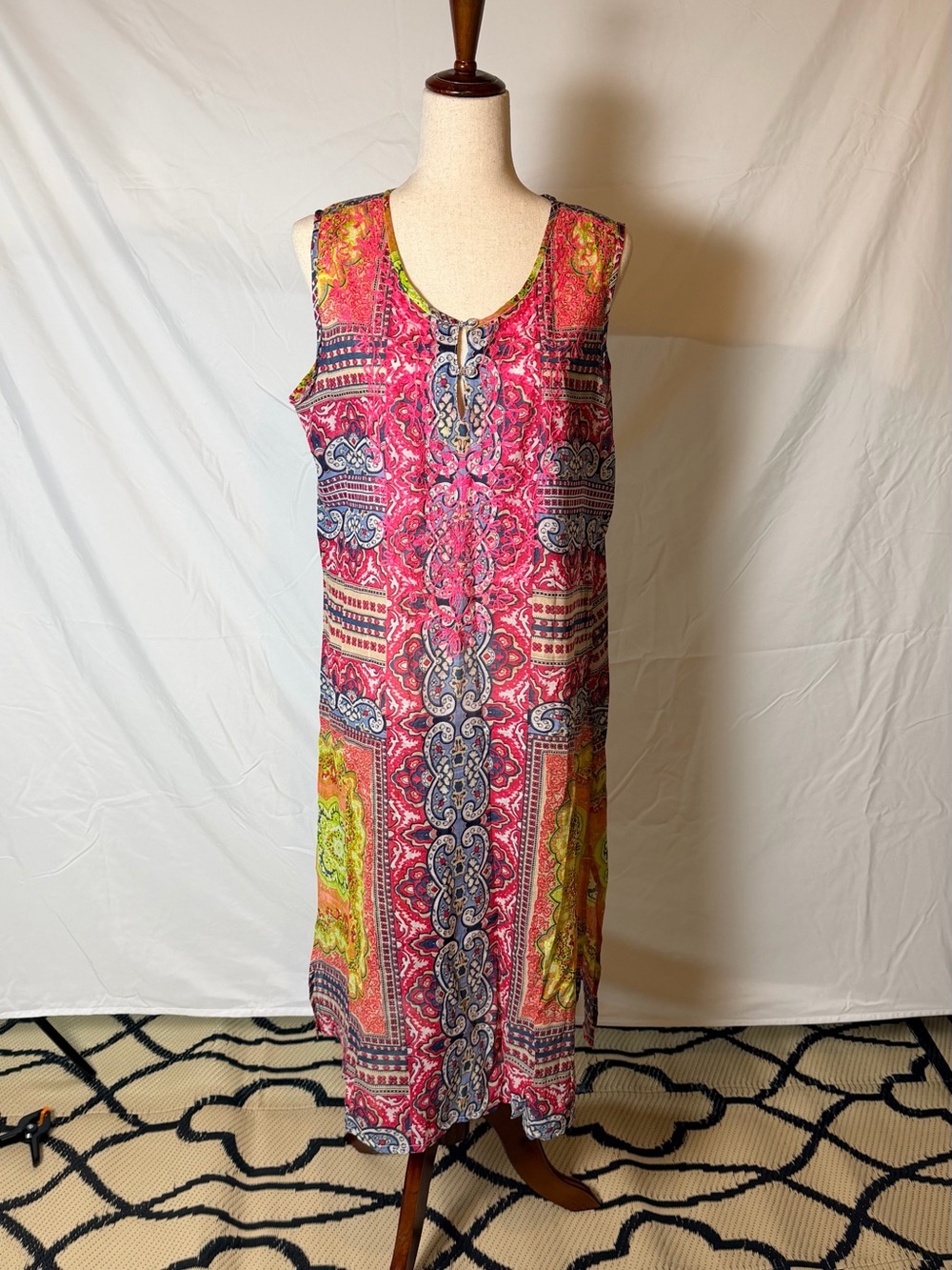Sleeveless embroidered Pink Paisley Print Dress boho chic maxi 100%Cotton Sz: Lg